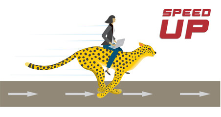 Woman with laptop riding on fast running cheetah. Road with arrows. Isolatedon white. Vector illustration.