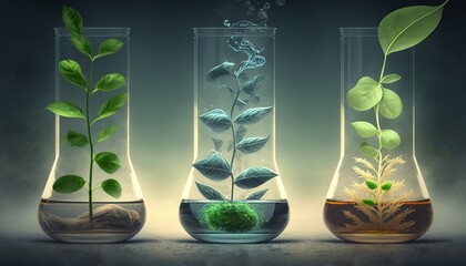  a group of three vases filled with water and plants inside of them with plants inside of the vases and plants inside of the vases.  generative ai