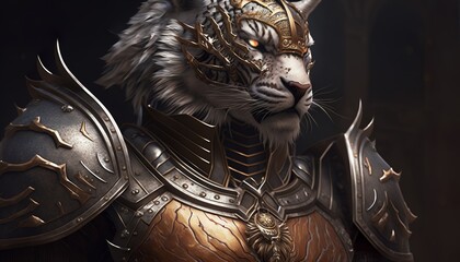 Anthropomorphic tiger knight, armor, intricate design, silver, silk, cinematic lighting,