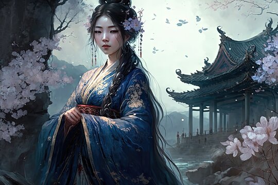 illustration beautiful woman portrait of an Asian princess in palace's garden, spring time flower blossom romantic fantasy atmosphere, idea for background wallpaper, Generative Ai