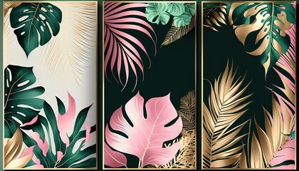  a set of three tropical wallpapers with pink, green and gold leaves on a white background with a gold border and a gold frame.  generative ai