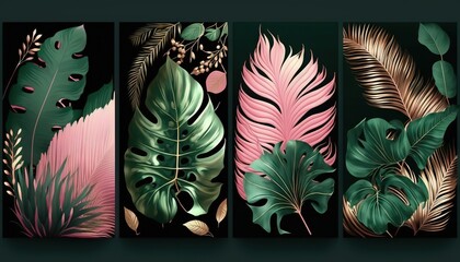  a set of four tropical leaves on a black and pink background with a green and pink color scheme on the left side of the image.  generative ai