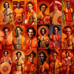 Fototapeta premium Rassige spanische Supermodels Männer in extravaganter Kleidung als Collage. AI generativ