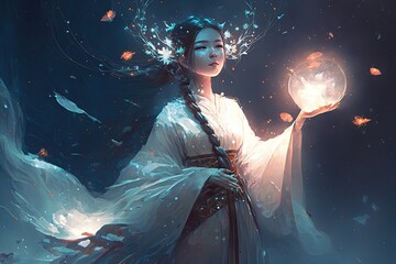 illustration portrait of a fantasy Asian goddess with at romantic fantasy atmosphere night time, hair flow motion in wind blow, idea for dreamy fairytale background wallpaper, Generative Ai - obrazy, fototapety, plakaty