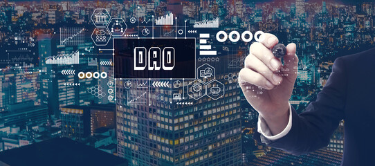 DAO- Decentralized Autonomous Organization theme with businessman in a city at night