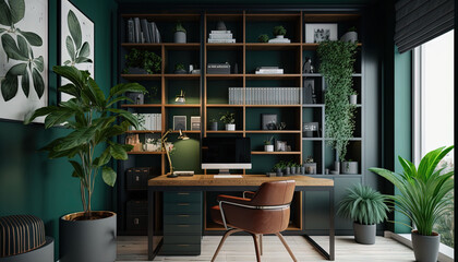  a room with a desk, chair, potted plant and bookshelf on the wall and a large window with a view of the outside.  generative ai