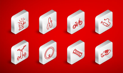 Set line Bicycle shoes, seat, air pump, suspension, bell, wheel and for kids icon. Vector