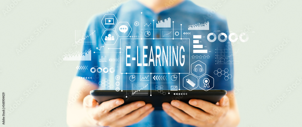 Aufkleber E-Learning theme with young man using a tablet computer
