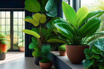 Beautiful juicy green lush indoor plants in the interior of the room against the background of the dark blue wall. AI generated.