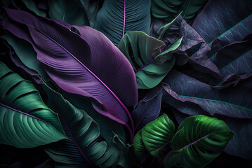 abstract forest green leaf texture, purple lavendel tropical leaf foliage nature dark green background,generative ai.