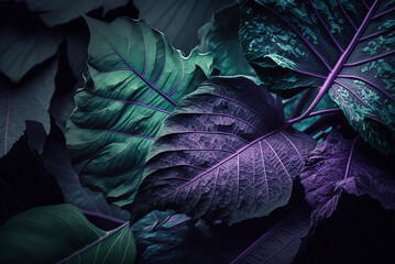 abstract forest green leaf texture, purple lavendel tropical leaf foliage nature dark green background,generative ai.
