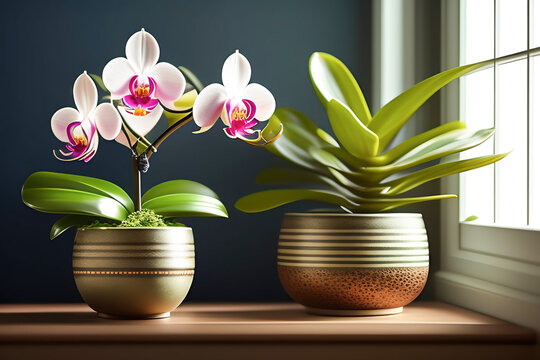 Beautiful pink indoor flowers of archidea in the home interior. AI generated.
