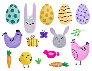 Set of hand drawing Easter eggs with animals. Watercolour spring art. Design elements. Easter bunny, chickens, eggs, carrot, bee and leaves.Watercolor Illustration.