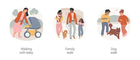 Going for a walk isolated cartoon vector illustration set. Walking with baby, mom with stroller, family on a stroll, holding hands, walk with dog, happy kids with a pet on a leash vector cartoon.