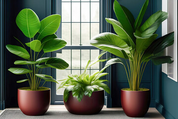 Beautiful juicy green lush indoor plants in the interior of the room against the background of the blue wall. AI generated.