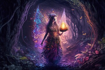Ancient Celtic powerful fairy in magic wood with magic energy emerge as glow light around, Generative Ai © QuietWord