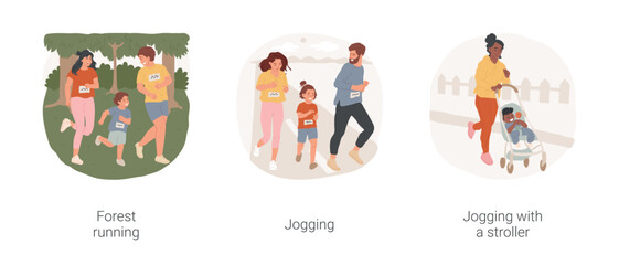 Running isolated cartoon vector illustration set. Forest running, cross-country race, family jogging together in city park, sporty young mom run with stroller, active lifestyle vector cartoon.