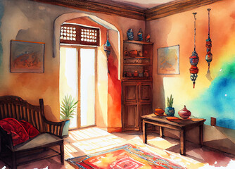 Room interior in Turkish style, showcasing the rich cultural heritage and intricate design elements of traditional Turkish decor, generative ai illustration