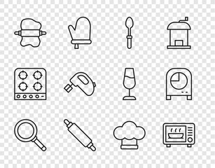 Set line Frying pan, Microwave oven, Teaspoon, Rolling pin, dough, Electric mixer, Chef hat and Kitchen timer icon. Vector