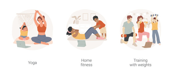 Fototapeta premium Online fitness isolated cartoon vector illustration set. Happy mom with little child practicing yoga online, home fitness, training with weights, virtual workout, physical activity vector cartoon.