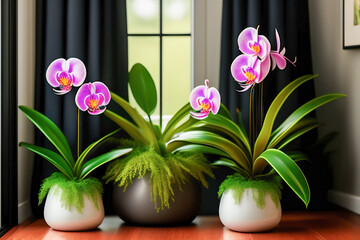 Fototapeta na wymiar Beautiful pink indoor flowers of archidea in the home interior. AI generated.