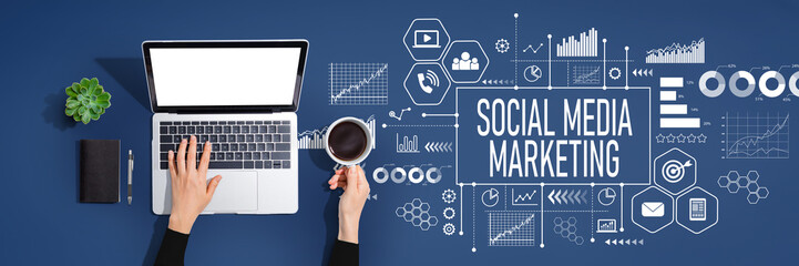 Social media marketing theme with person using a laptop computer