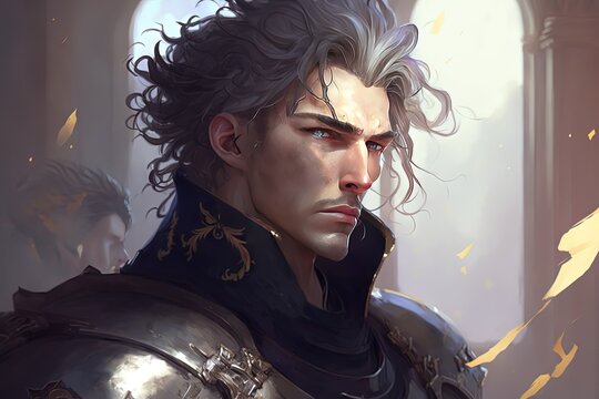close up portrait illustration of fiction hero character design, handsome warrior in metal plate with copy space, idea for fantasy theme background wallpaper, Generative Ai