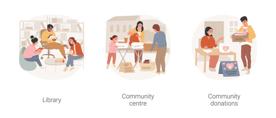 Community living isolated cartoon vector illustration set. People in a local library, sitting together in reading room, community center, charity and donations, volunteering vector cartoon.