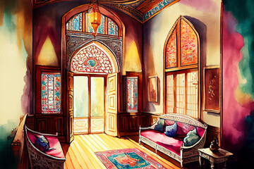 Fototapeta na wymiar Room interior in Turkish style, showcasing the rich cultural heritage and intricate design elements of traditional Turkish decor, generative ai illustration