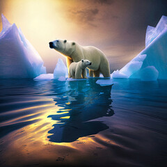 A polar bear and its cub on the melting ice pack, global warming - generative AI