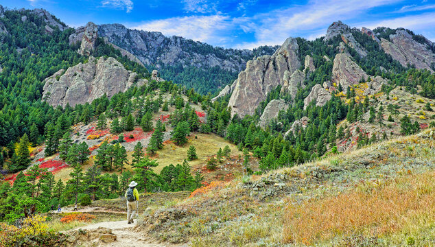 Hiker on the scenic NCAR Trail in Boulder, Colorado 