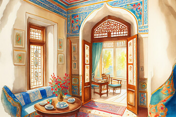 Fototapeta na wymiar Room interior in Turkish style, showcasing the rich cultural heritage and intricate design elements of traditional Turkish decor, generative ai illustration