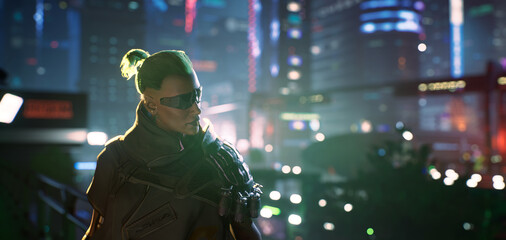 Courageous cyberpunk human on the night city. 3d render