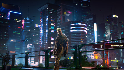Courageous cyberpunk human on the night city. 3d render © kinwun