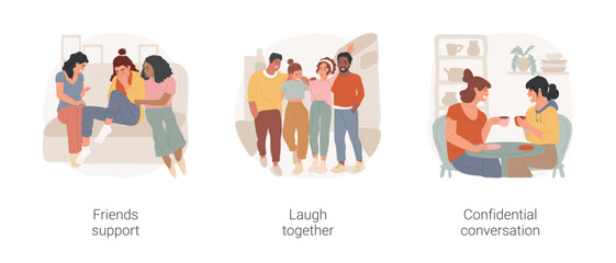 Good friends isolated cartoon vector illustration set. Friends support, giving a hug, support each other, group of people laugh together, confidential conversation, sharing thoughts vector cartoon. - 568906247