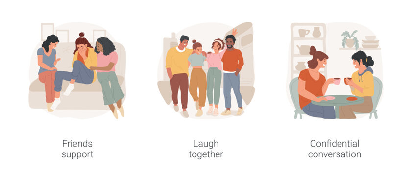 Good friends isolated cartoon vector illustration set. Friends support, giving a hug, support each other, group of people laugh together, confidential conversation, sharing thoughts vector cartoon.