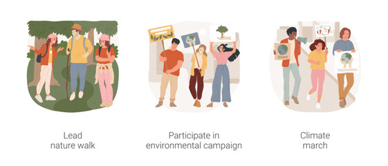 Volunteering for climate justice isolated cartoon vector illustration set. Lead nature walk, guide group hike, start environmental campaign, climate march, people with posters vector cartoon.