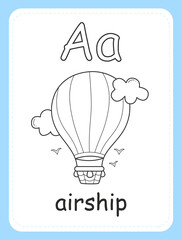 Alphabet coloring book card for children with the letter A and airship. Educational card for kids. The word airship, the English alphabet. Vector illustration.