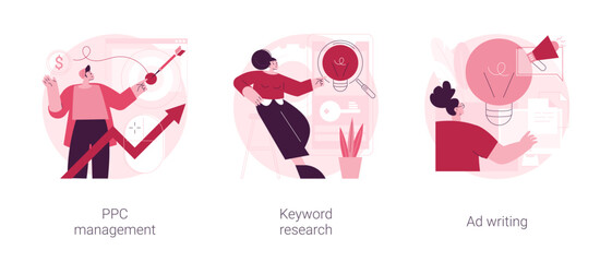 Internet marketing abstract concept vector illustration set. PPC management, keyword research, Ad writing, online ad campaign, digital agency, website ranking, advertising seo abstract metaphor.