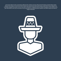 Blue line Mexican man wearing sombrero icon isolated on blue background. Hispanic man with a mustache. Vector