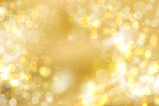 A festive abstract delicate gradient golden yellow  background texture with glitter defocused sparkle bokeh circles. Card concept for Happy New Year, party invitation, valentine or other holidays.