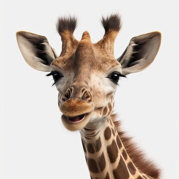 Close-up of a cute and funny giraffe smiling, isolated on white background.