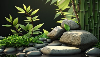 Bamboo with leaves and stones podium  background for spa cosmetic product presentation