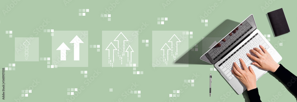 Poster rising arrow theme with person using a laptop computer