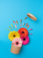 Creative concept spring. Bursts with an explosion of colors and flowers. Orange, yellow and fuchsia...