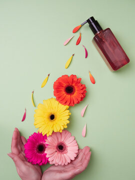 Creative spring concept design. Hands picking colorful flowers and sprinkled petals coming out of an amber dispenser bottle Flat placement on green background.