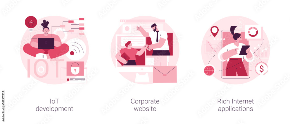 Poster it services abstract concept vector illustration set. iot development, corporate website, rich inter