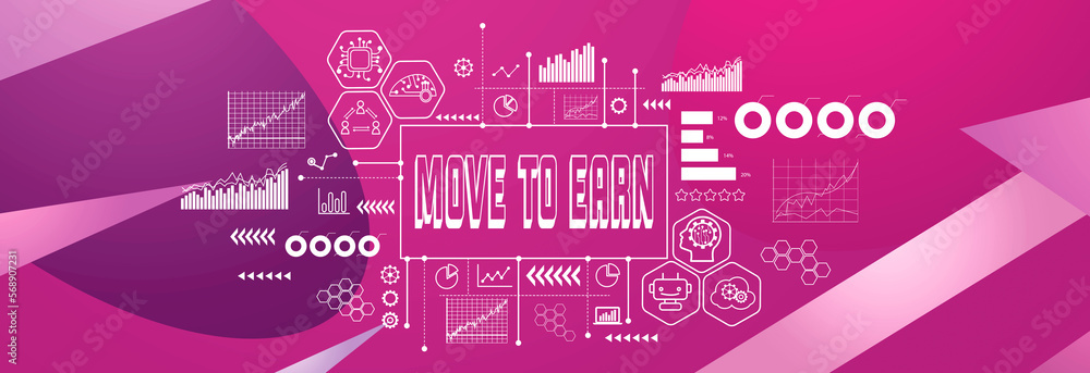 Poster move to earn theme on a geometric pattern background