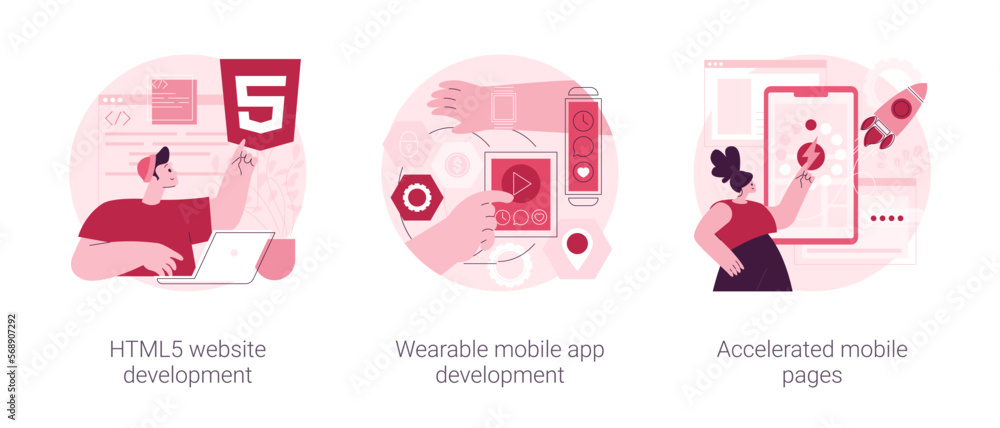 Poster software and frontend development abstract concept vector illustration set. html5 website developmen