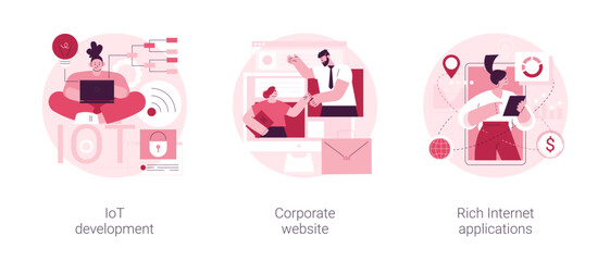 IT services abstract concept vector illustration set. IoT development, corporate website, rich Internet applications, web development, Internet of things, user interaction design abstract metaphor.